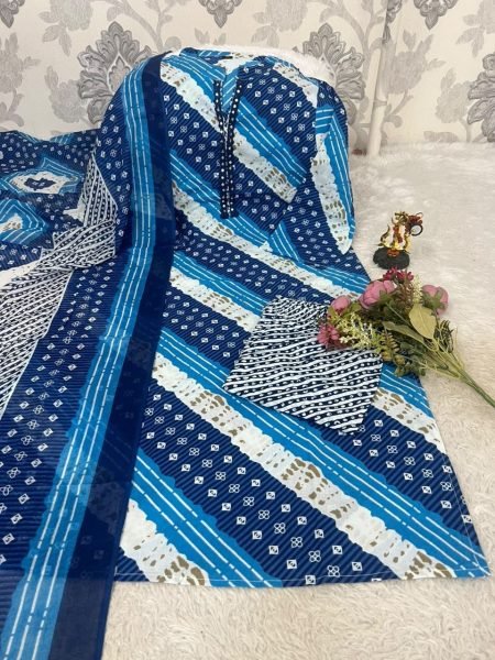 Women's Blue Cotton Kurti Pant Dupatta Set with Lehriya and Bandhani Print Cotton Kurtis Wholesale