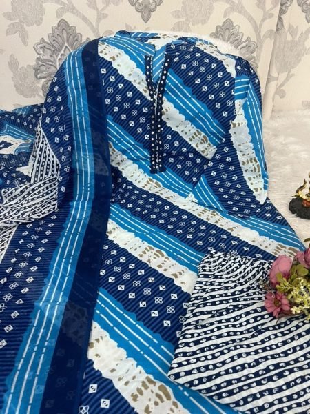 Women's Blue Cotton Kurti Pant Dupatta Set with Lehriya and Bandhani Print Cotton Kurtis Wholesale
