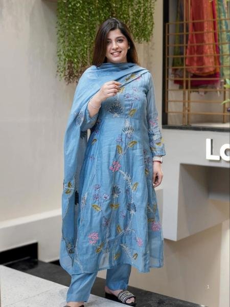 Women’s Blue Embroidered A-Line Kurti Manufacturer 2025 Diwali Collection