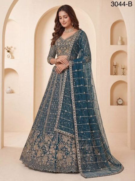 Women's Blue Net Lehenga with Crystal Handwork and Heavy Sequins Work For Wedding Bridal Lehenga Choli