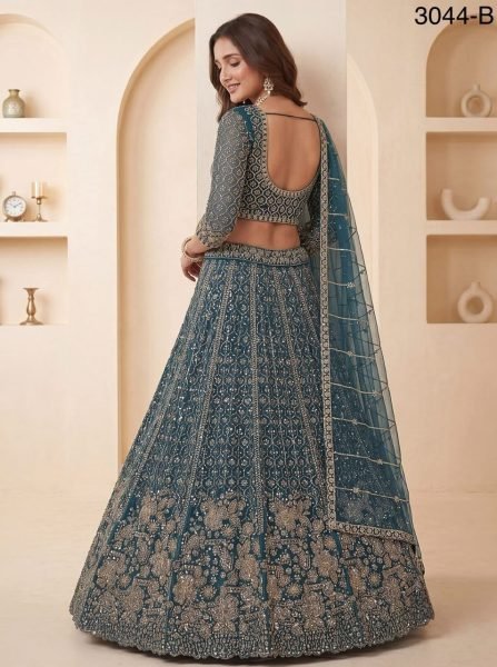 Women's Blue Net Lehenga with Crystal Handwork and Heavy Sequins Work For Wedding Bridal Lehenga Choli