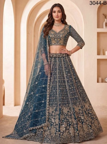 Women's Blue Net Lehenga with Crystal Handwork and Heavy Sequins Work For Wedding Bridal Lehenga Choli