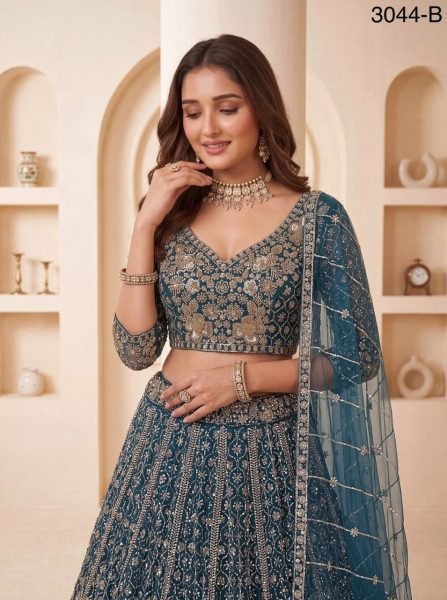 Women's Blue Net Lehenga with Crystal Handwork and Heavy Sequins Work For Wedding Bridal Lehenga Choli