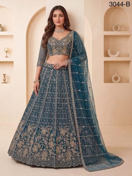 Women's Blue Net Lehenga with Crystal Handwork and Heavy Sequins Work For Wedding Bridal Lehenga Choli