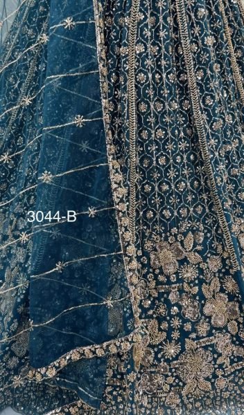 Women's Blue Net Lehenga with Crystal Handwork and Heavy Sequins Work For Wedding Bridal Lehenga Choli