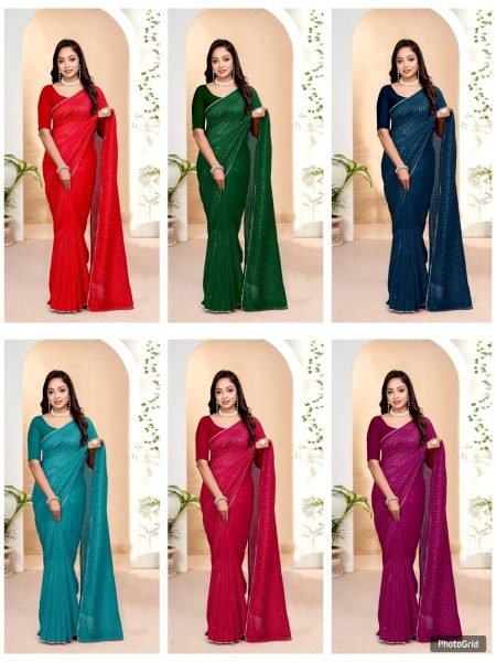 Women's Blue Vichitra Silk StripedSaree With Unstitched Matching Blouse Embroidery Sarees Wholesale