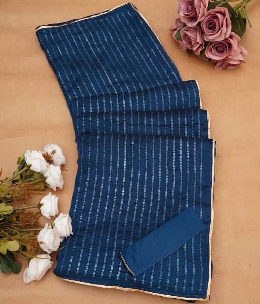 Women's Blue Vichitra Silk StripedSaree With Unstitched Matching Blouse Embroidery Sarees Wholesale