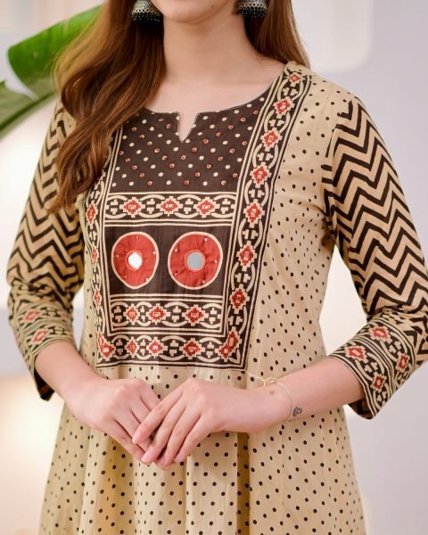 Women's Cream Jaipuri Pure Cotton Kurta Pant Dupatta Set with Hand Work Neck Anarkali Kurtis 