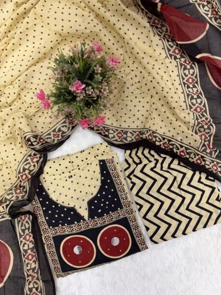 Women's Cream Jaipuri Pure Cotton Kurta Pant Dupatta Set with Hand Work Neck Anarkali Kurtis 