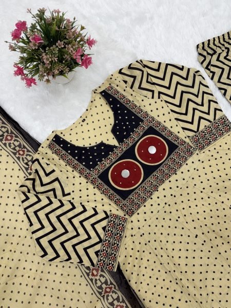 Women's Cream Jaipuri Pure Cotton Kurta Pant Dupatta Set with Hand Work Neck Anarkali Kurtis 