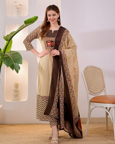 Women's Cream Jaipuri Pure Cotton Kurta Pant Dupatta Set with Hand Work Neck Anarkali Kurtis 
