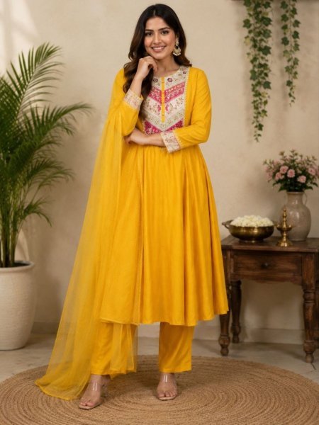 Women s Delightful Yellow Pure Viscose Chanderi Suit Set with Matching Pant and Embroidered Chanderi Dupatta Kurtis
