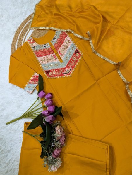Women s Delightful Yellow Pure Viscose Chanderi Suit Set with Matching Pant and Embroidered Chanderi Dupatta Embroidery Kurtis 