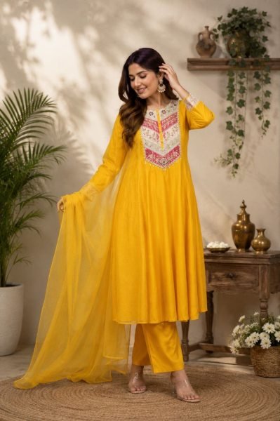 Women s Delightful Yellow Pure Viscose Chanderi Suit Set with Matching Pant and Embroidered Chanderi Dupatta Embroidery Kurtis 