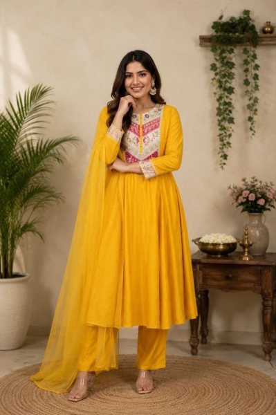 Women s Delightful Yellow Pure Viscose Chanderi Suit Set with Matching Pant and Embroidered Chanderi Dupatta Embroidery Kurtis 