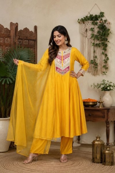 Women s Delightful Yellow Pure Viscose Chanderi Suit Set with Matching Pant and Embroidered Chanderi Dupatta Embroidery Kurtis 