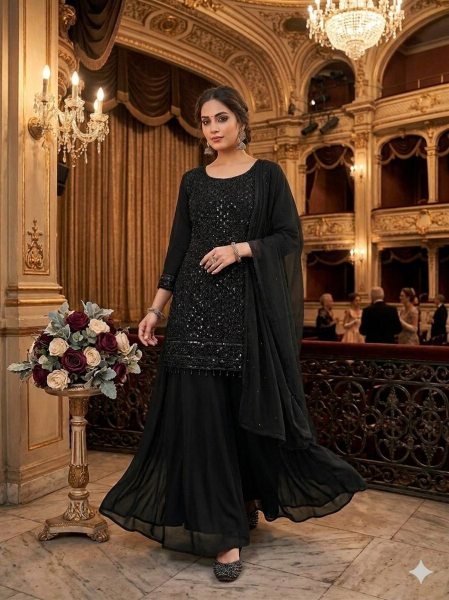 Women s Elegant Embroidered Georgette Kurti Palazzo Suit Set Ready To Wear Collection