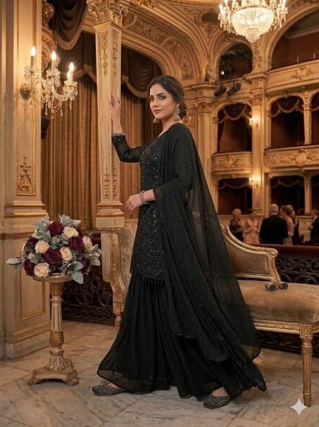 Women s Elegant Embroidered Georgette Kurti Palazzo Suit Set Ready To Wear Collection