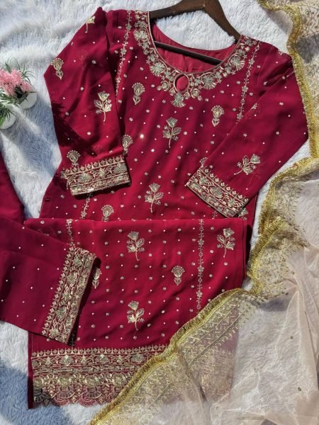 Women   s Faux Georgette Ethnic Set with Back Embroidery  Sequins Work  and Net Dupatta Fully Stitched Party Wear Suit Ready To Wear Collection
