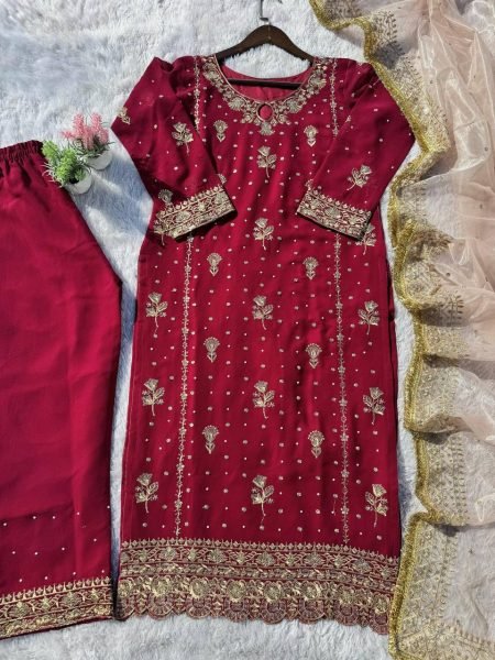 Women   s Faux Georgette Ethnic Set with Back Embroidery  Sequins Work  and Net Dupatta Fully Stitched Party Wear Suit Ready To Wear Collection