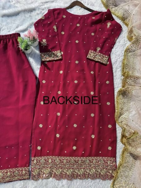 Women   s Faux Georgette Ethnic Set with Back Embroidery  Sequins Work  and Net Dupatta Fully Stitched Party Wear Suit Ready To Wear Collection