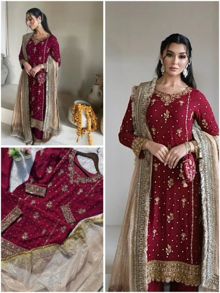 Women   s Faux Georgette Ethnic Set with Back Embroidery  Sequins Work  and Net Dupatta Fully Stitched Party Wear Suit Ready To Wear Collection