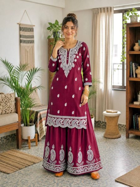 Women s Festive Wear Embroidered Kurti and Plazzo Set Ready To Wear Suit