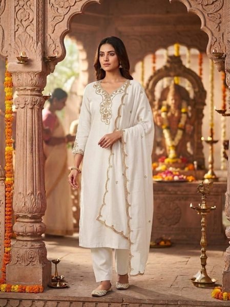 Women Festive Wear Premium White Slub Cotton Embroidered Kurta Pant Set with Soft Chinnon Dupatta  Embroidery Kurtis 