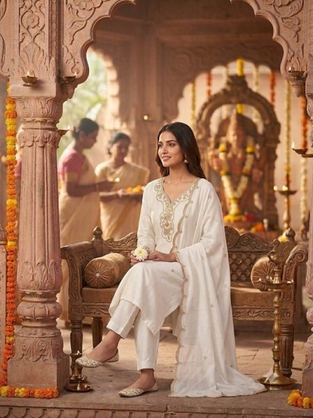 Women Festive Wear Premium White Slub Cotton Embroidered Kurta Pant Set with Soft Chinnon Dupatta  Embroidery Kurtis 