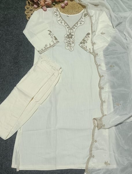 Women Festive Wear Premium White Slub Cotton Embroidered Kurta Pant Set with Soft Chinnon Dupatta  Embroidery Kurtis 