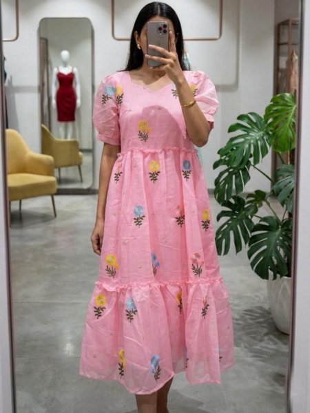 Women s Floral Chanderi Cotton Occasion Wear Dress 