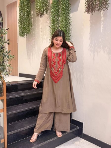 Women's French Crepe Embroidery Top with Plain Bottom For Women Comfortable All-Day Wear Kurtis
