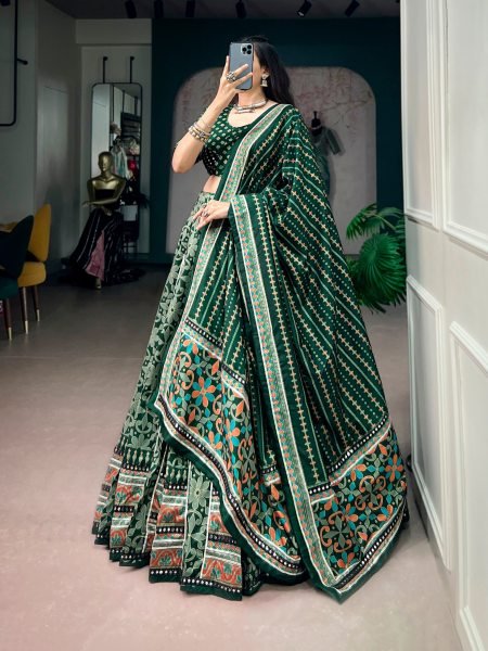 Women s Green Tasar Silk Garba Lehenga Choli with Fully Stitched Blouse For Navarati Designer Lehenga Choli