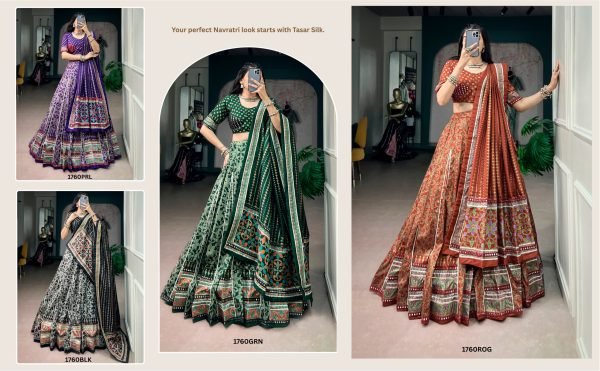 Women s Green Tasar Silk Garba Lehenga Choli with Fully Stitched Blouse For Navarati Designer Lehenga Choli
