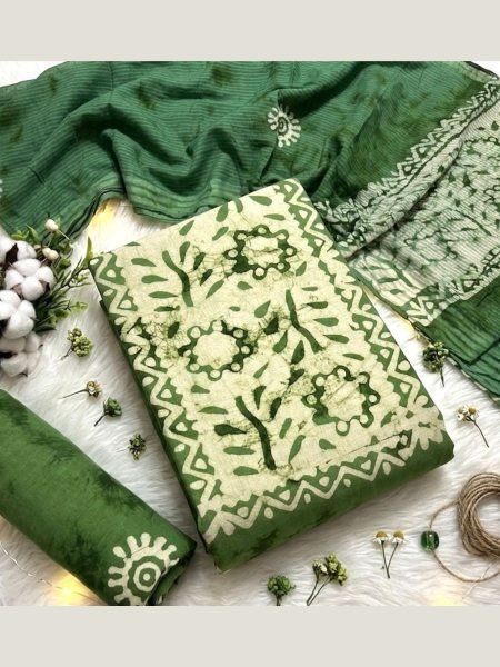 Women's Green Wax Batik Printed Dress Material with Designer Die and Die Pattern 