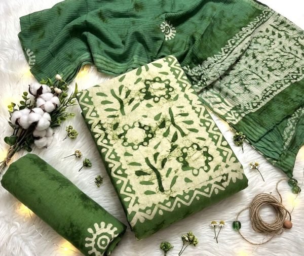 Women's Green Wax Batik Printed Dress Material with Designer Die and Die Pattern Color Set Matching Dress Material Wholesale