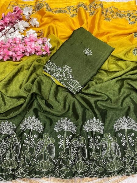 Women's Green Yellow Chinnon Party Wear Saree with Embroidery For Party Sarees 