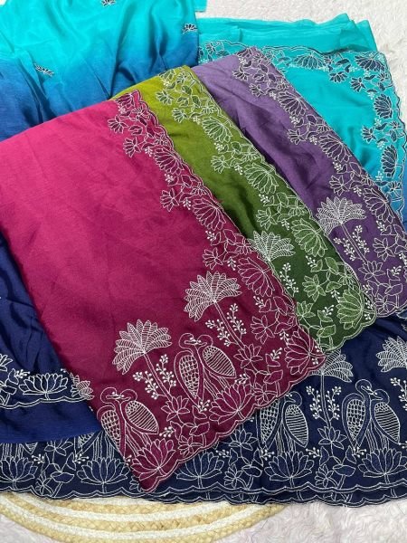 Women's Green Yellow Chinnon Party Wear Saree with Embroidery For Party Embroidery Sarees Wholesale