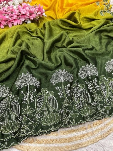 Women's Green Yellow Chinnon Party Wear Saree with Embroidery For Party Embroidery Sarees Wholesale