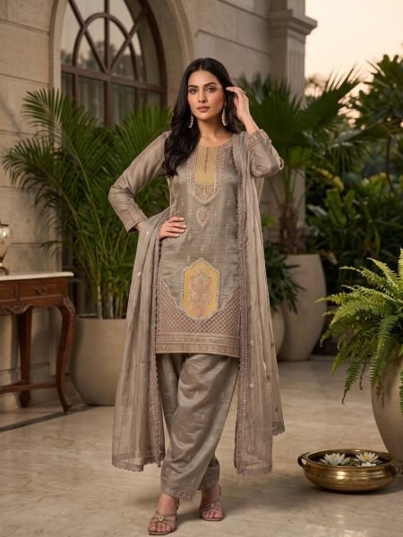 Women's Grey Salsa Silk Top Palazzo Dupatta Set with Designer Handwork at Wholesale Rate Salwar Kameez