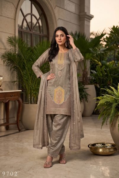 Women's Grey Salsa Silk Top Palazzo Dupatta Set with Designer Handwork at Wholesale Rate Embroidery Suits Wholesale