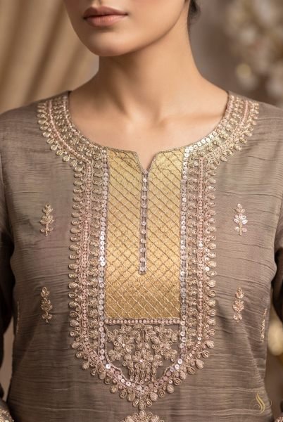 Women's Grey Salsa Silk Top Palazzo Dupatta Set with Designer Handwork at Wholesale Rate Embroidery Suits Wholesale