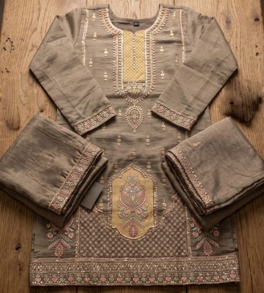 Women's Grey Salsa Silk Top Palazzo Dupatta Set with Designer Handwork at Wholesale Rate Embroidery Suits Wholesale
