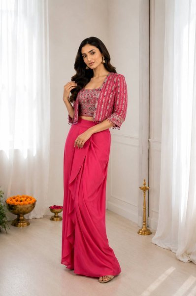 Women s Hot Pink Designer Chinon Silk Koti with Dhoti Style Lehenga Set For Wedding Ready To Wear Saree 