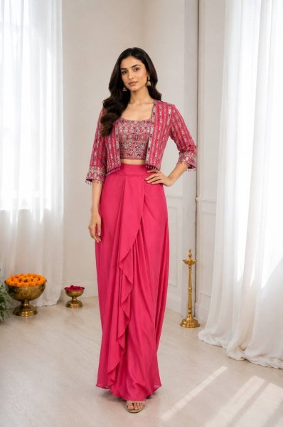 Women s Hot Pink Designer Chinon Silk Koti with Dhoti Style Lehenga Set For Wedding Ready To Wear Saree 