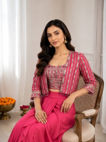 Women s Hot Pink Designer Chinon Silk Koti with Dhoti Style Lehenga Set For Wedding Ready To Wear Saree 