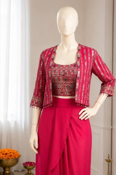 Women s Hot Pink Designer Chinon Silk Koti with Dhoti Style Lehenga Set For Wedding Ready To Wear Saree 