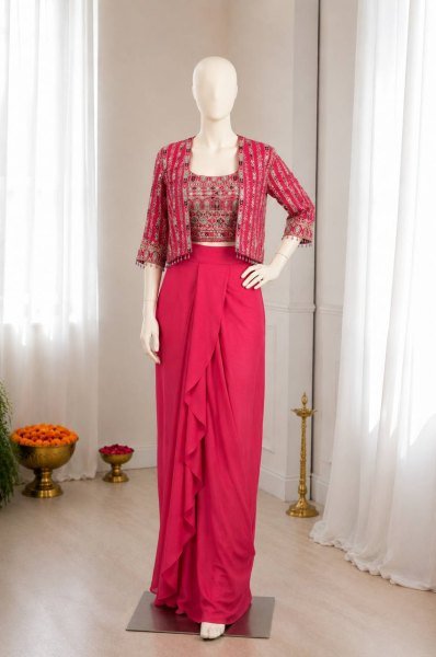 Women s Hot Pink Designer Chinon Silk Koti with Dhoti Style Lehenga Set For Wedding Ready To Wear Saree 