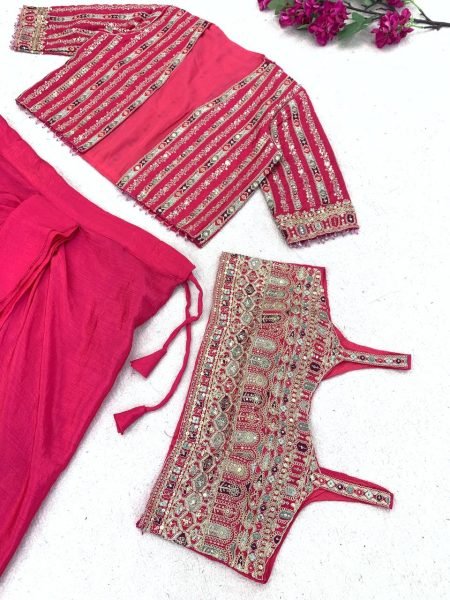 Women s Hot Pink Designer Chinon Silk Koti with Dhoti Style Lehenga Set For Wedding Ready To Wear Saree 