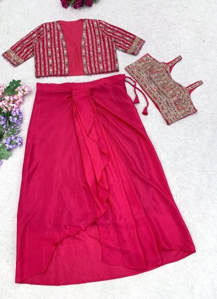 Women s Hot Pink Designer Chinon Silk Koti with Dhoti Style Lehenga Set For Wedding Ready To Wear Saree 